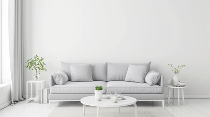 Sticker - Grey sofa at white apartment, living room in simple style. Generative Ai