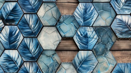 Wall Mural - Intricate swan feather tiles in hexagonal shapes on rustic wood.