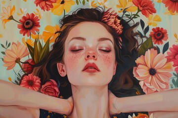 Wall Mural - A woman is lying on a bed of flowers