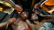 Wonder joy authentic chill partner women couple drinking wine champagne at nightclub background 