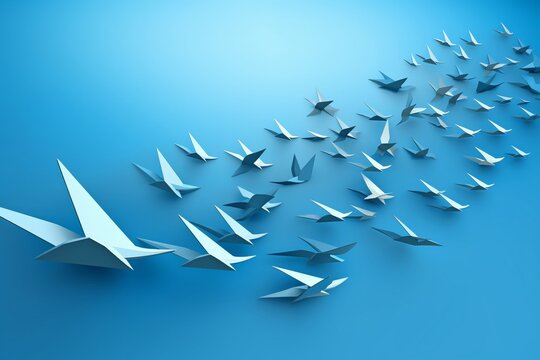 Origami bird flock in flight, angular forms, skyward ascent, geometric papercraft, papercut 3D style