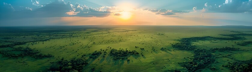 Aerial view of a vast and protected national park with a stunning sunset over the boundless savanna landscape