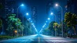 Modernized Cityscape Illuminated by Efficient LED Street Lighting at Night Showcasing Urban Development and Energy Transformation