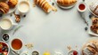 A continental breakfast spread shown from above, creative food flat lay banner, with solid background and copy space on center for advertise