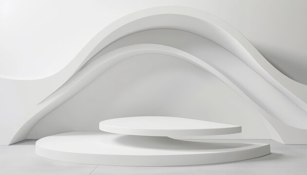 A minimal white setting highlights the wavy lines of a 3D rendering podium, perfect for a studio showcase, Sharpen 3d rendering background