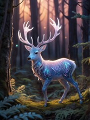 Wall Mural - Fantasy deer in the forest at night. 3D illustration.