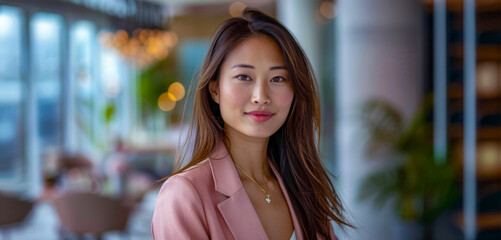 Sticker - A woman in a pink jacket and necklace is smiling for the camera