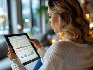 Poster - Woman Reviewing Investment Portfolio on Digital Tablet with Financial Charts and Graphs