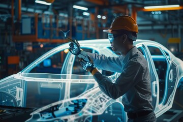 Wall Mural - Automotive engineer at futuristic assembly line using advanced technology for car manufacturing