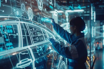 Poster - automotive engineer using advanced technology at futuristic assembly line for car manufacturing