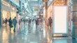 In the bustling blur of a shopping mall, a creative white blank mockup stands prominently, featuring a white blank poster billboard sharpen with large copy space