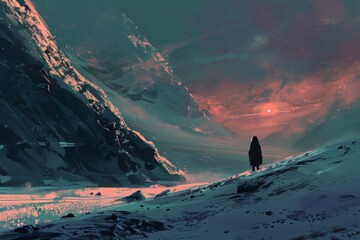 Wall Mural - A person is walking on a snowy mountain with a sunset in the background