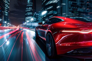 Poster - Rear view of a red business car speeding along a high-speed highway in the vibrant night cityscape