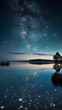 A tranquil lakeside scene under a canopy of twinkling stars, with fluffy clouds reflected in the still waters, creating a sense of wonder and peace.