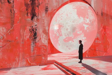 Wall Mural - A man stands in front of a large red circle with a white moon in the center