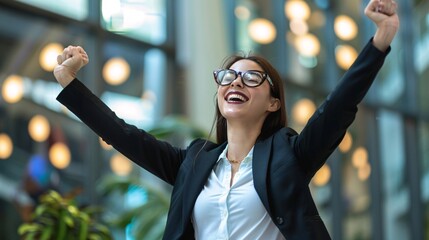 Wall Mural - A successful female executive celebrates achievements with a happy expression and clapping in a corporate environment.