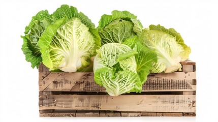 Fresh mature Chinese cabbage and wooden box isolated on a white background.