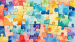 Abstract colorful jigsaw puzzle pieces background, watercolor painting style, generative AI.