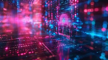 Poster - The cyber defense system is depicted as being protected by a strong encryption algorithm, as illustrated by the influx of digital data, against a backdrop of rainbow hues.
