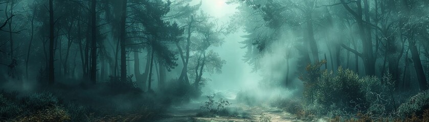  A mysterious woodland enveloped in fog and darkness.