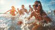 © Vladimir - A group of smiling people swim and hang out in the sea waves. Expressive emotional reaction. The pleasure of relaxation and vacation. Splashes from sea water