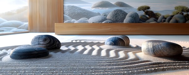 Canvas Print - Minimalist Zen Garden with Smooth Stones Raked Sand and Tranquil Water Feature for Peaceful Home Decor