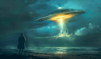 Wall Mural - mysterious alien spaceship landing in front of a solitary observer