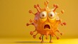Cartoonish virus character with big eyes looking surprised on yellow background