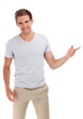 Pointing, smile and portrait of man on a white background with trendy style, clothes and casual outfit. Confidence, studio and isolated person with hand gesture for promotion, discount and deal news