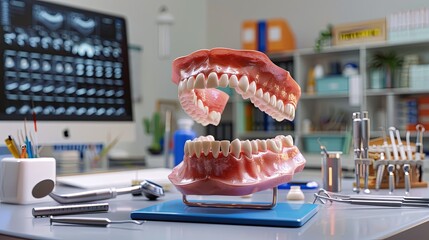 Fototapete - A detailed 3D model of teeth with diagnostic data displayed on a desk, suitable for educational purposes in dental schools and medical conferences. Generative AI
