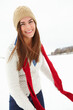 Woman, happy and fashion in snow portrait, warm clothes and designer jersey or season outfit. Female person, winter and cold weather on holiday or vacation, style and beanie aesthetic in Switzerland