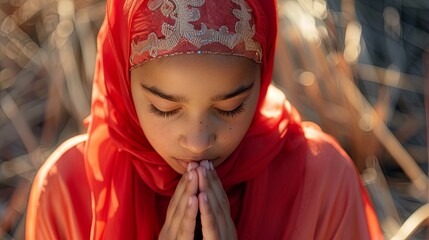 Young Asian girl praying in red headscarf with serene expression