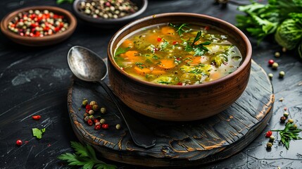 Wall Mural - Hearty vegetable soup in a rustic bowl on a dark wooden background