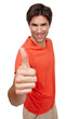 Man, portrait and thumbs up for ok in studio, yes and motivation for winner on white background. Male person, support and like emoji for agreement or success, promotion and great or thank you icon
