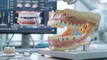 Fototapete - A detailed model of a dinosaurs teeth displayed on a table, showcasing the structure and size of the teeth. Generative AI
