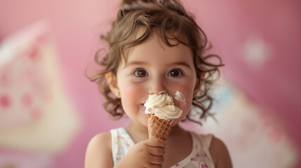 copy space, stockphoto, cute little toddler with melting icecream. Portrait of a cute toddler eating an ice cream. Summer theme, Summer is comming. Cute child portrait.