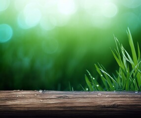 Wall Mural - Fresh Morning Dew on Green Grass Behind Wooden Surface