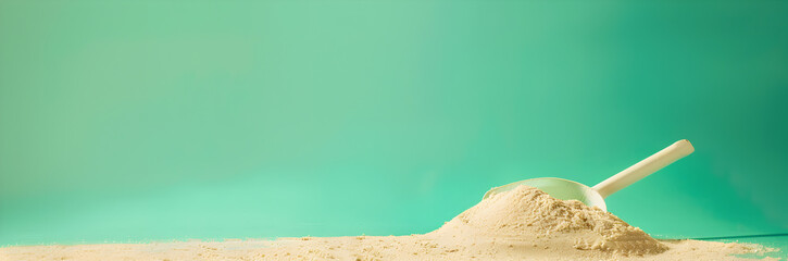 Wall Mural - Serene beach sand scoop banner. Sand scoop isolated on green background with copy space.