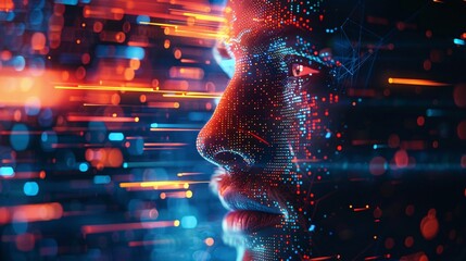 Holographic man's face formed by vibrant digital pixels amidst glowing streams of digital data, creating a mesmerizing futuristic scene.