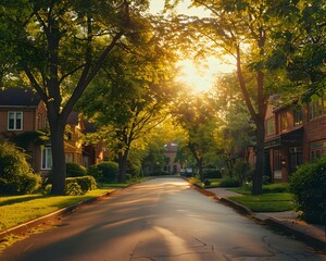 Wall Mural - Peaceful Autumn Morning in a Sleepy Suburban Neighborhood with Warm Sunlight Filtering through the Trees