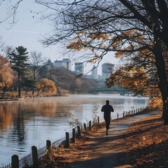 Wall Mural - peaceful autumn morning jog along riverfront with city skyline