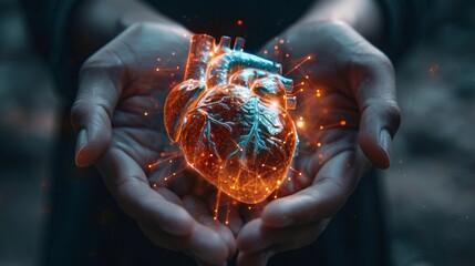 Wall Mural - Human heart cradled in two hands, bathed in medical holograms, symbolizing hope and healing for cardiovascular issues, merging science and compassion