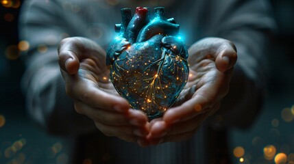 Wall Mural - Human heart cradled in two hands, bathed in medical holograms, symbolizing hope and healing for cardiovascular issues, merging science and compassion