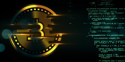 Poster - Creative glowing digital bitcoin on dark tech background with binary coding. Virtual cryptocurrency and futuristic banking concept. 3D Rendering.