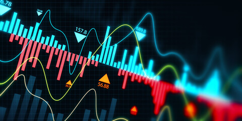 Wall Mural - Creative growing colorful candlestick forex chart on blue grid wallpaper. Financial growth and stock concept. 3D Rendering.