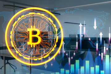 Poster - Creative glowing digital bitcoin on blurry office interior background with forex chart and arrows. Broker and futuristic banking concept. Double exposure.