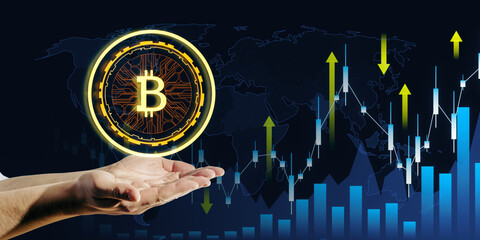 Aufkleber - Close up of male hands holding creative glowing digital bitcoin on dark tech background with forex chart and arrows. Broker and futuristic banking concept.