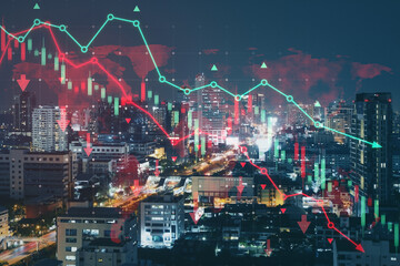 Poster - Abstract falling red forex chart and map on blurry night background. Trade and crisis concept. Double exposure.