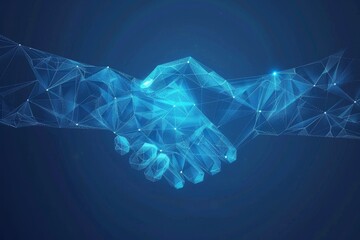 Poster - Minimalist blue low poly connectivity handshake for professional partnerships and collaboration