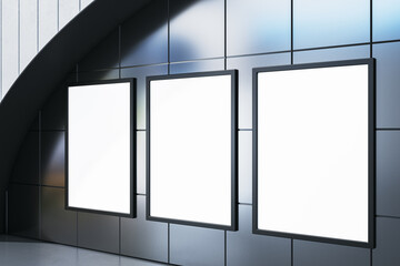 Wall Mural - Modern underground interior with empty mock up billboards on tile wall. 3D Rendering.